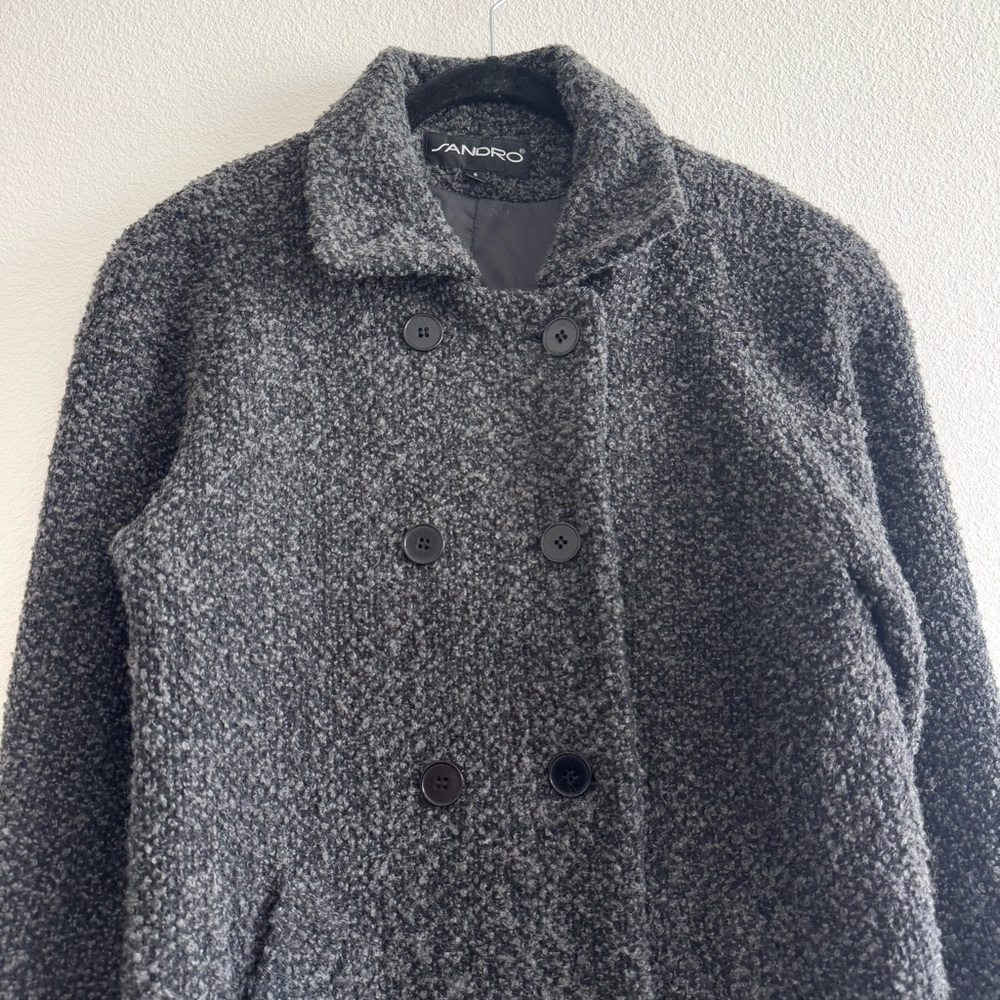 Vintage Sandro Grey Wool Blend Boucle Double Breasted Pea Coat Minimal Fall View 5